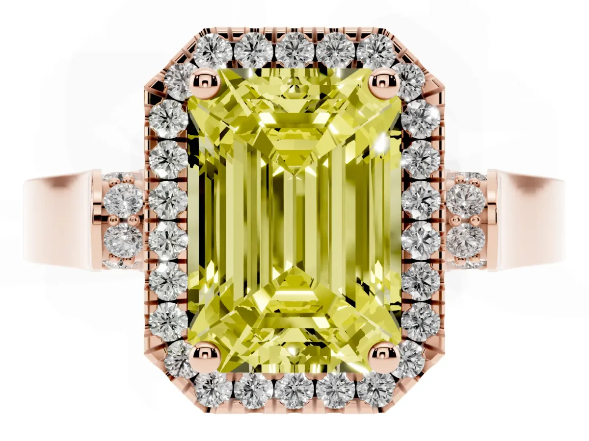 Fancy Yellow Emerald Cut Halo Pave Split Shank Prong Setting Ring Rose gold