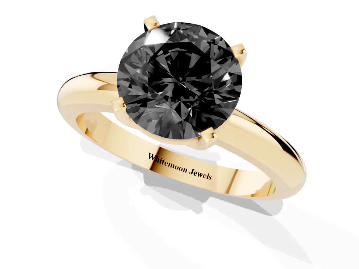 Fancy Black Round Cut Diamond Solitaire Engagement Ring with Round Band and Four-Prong Setting Yellow gold