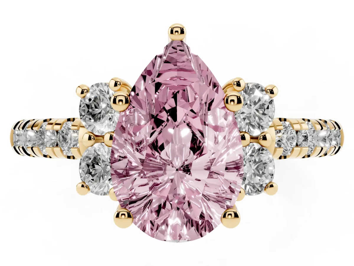 Fancy Pink Pear Cut Diamond Three-Stone Pave Band with Four-Prong Setting Yellow gold
