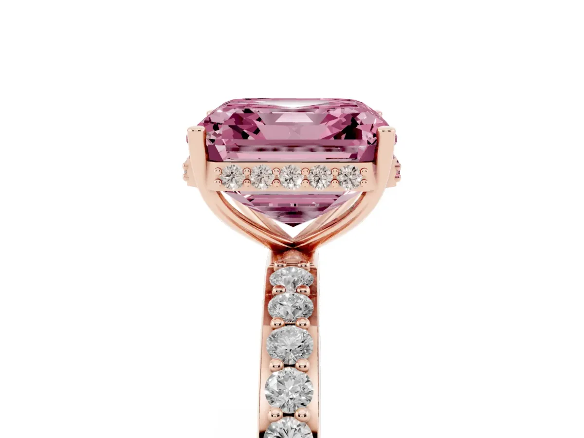 Fancy Pink Asscher Cut Diamond Solitaire Ring with Pavé Band and Hidden Halo Rose gold
