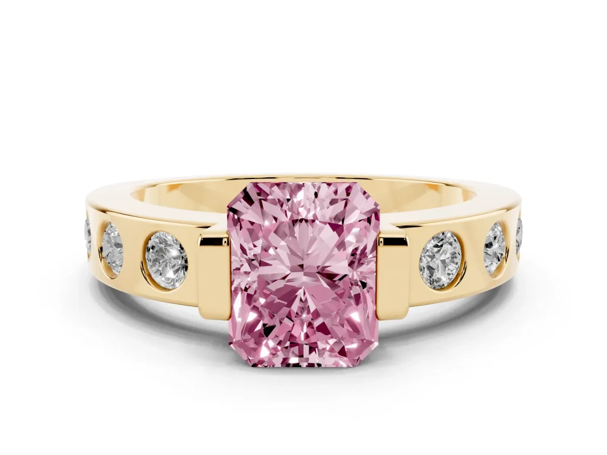 Fancy Pink Radiant Cut Brilliant Channel-Set Diamond Ring with Bezel Prong Setting Yellow gold