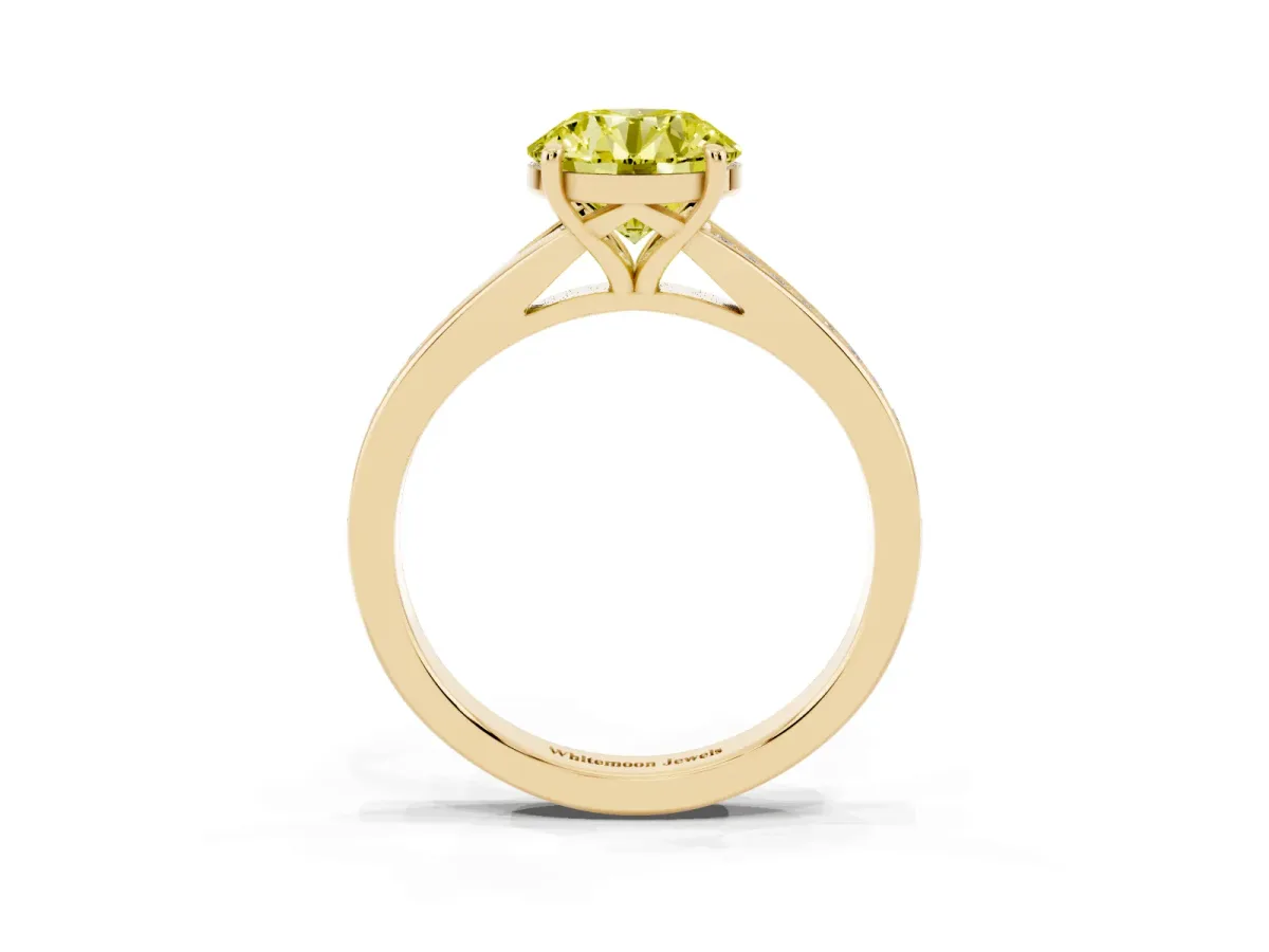 Fancy Yellow Round Cut Diamond Solitaire Ring with Pavé Band and Prong Setting Yellow gold