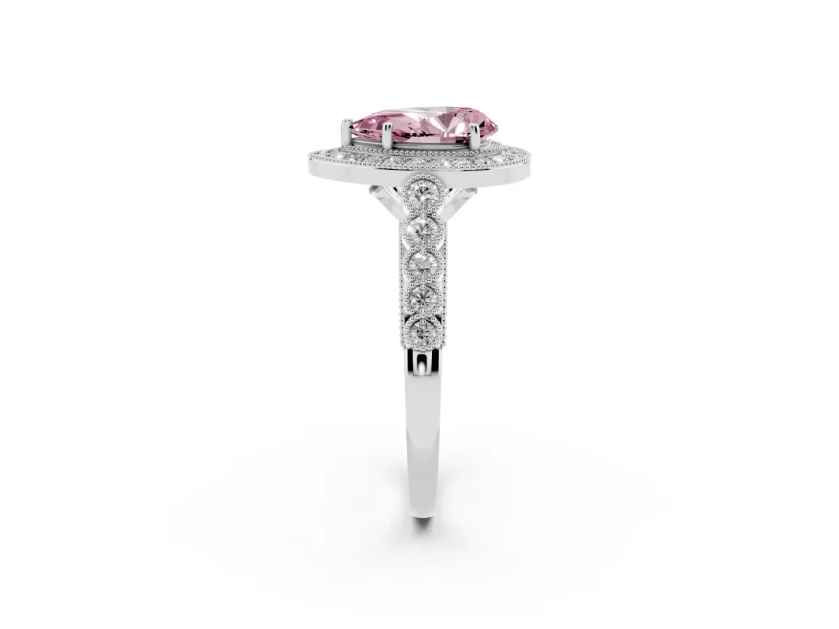 Fancy Pink Pear Cut Halo Milgrain Solitaire with Bezel Set Side Stones and Pave Band White gold