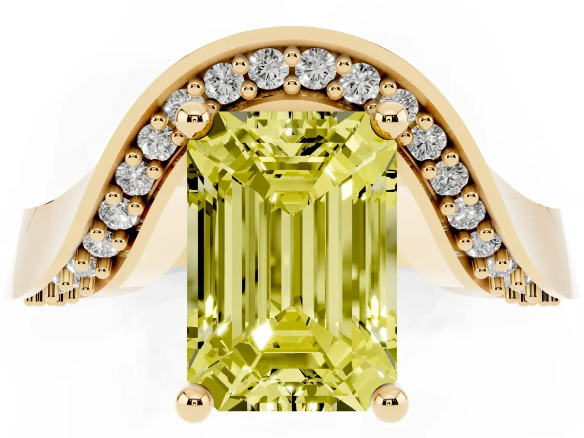 Fancy Yellow Emerald Cut Solitaire Diamond Engagement Ring with Pave Band and Four-Prong Setting Yellow gold