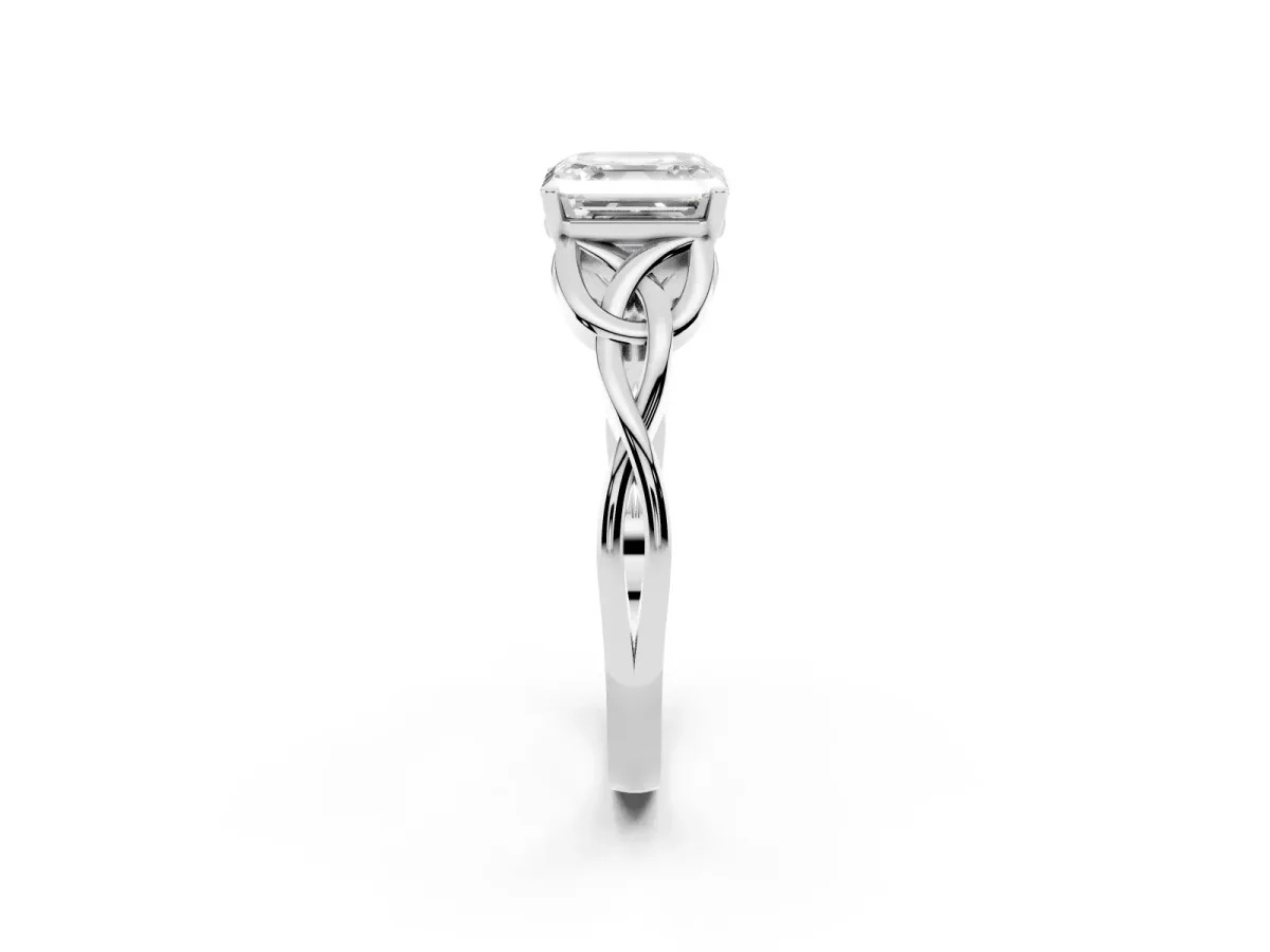 Asscher Cut Diamond Solitaire Engagement Ring with Celtic Knot Band and Four-Prong Setting Platinum