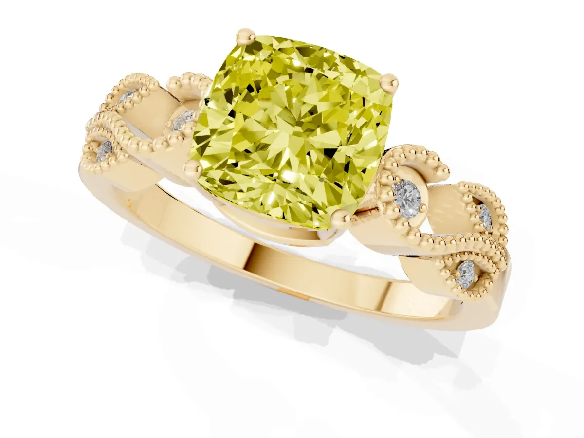 Fancy Yellow Cushion Cut Solitaire Milgrain Leaf Band with Prong Setting Yellow gold