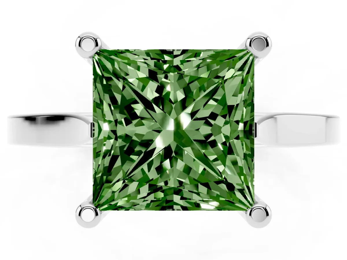 Fancy Green Princess Cut Solitaire Diamond Ring with Four-Prong Setting and Tapered Band White gold