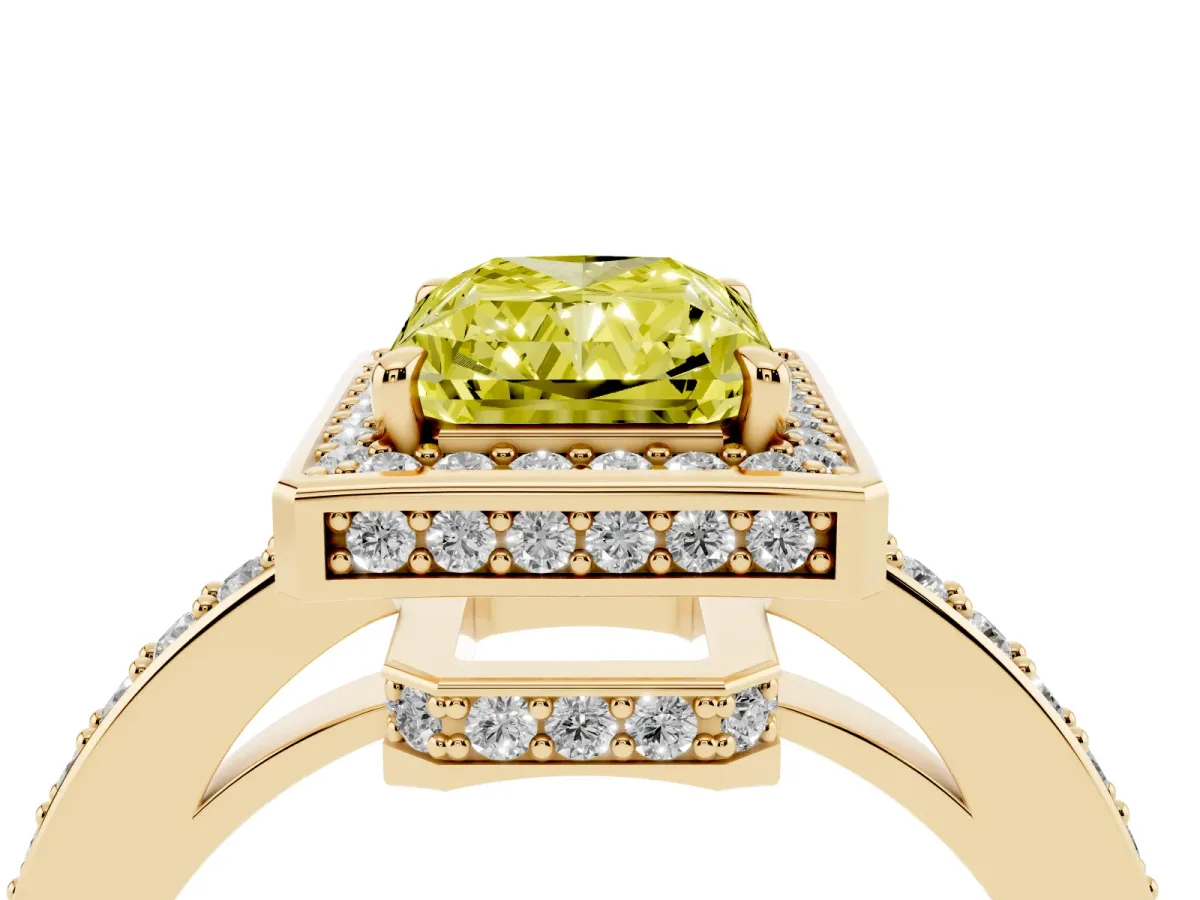 Fancy Yellow Radiant Cut Halo Pave Band Solitaire Ring with Prong Setting Yellow gold