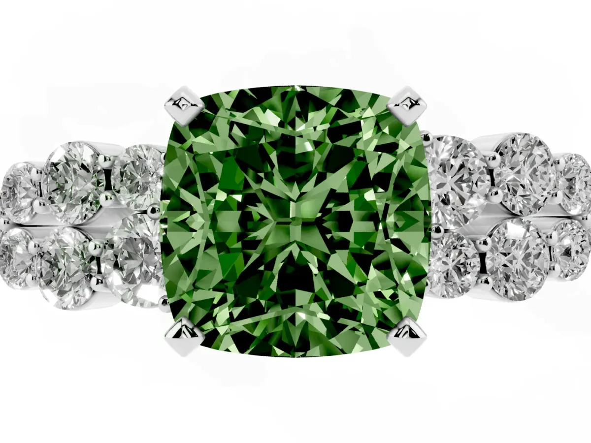 Fancy Green Cushion Cut Cluster Diamond Engagement Ring with Pavé Band and Four-Prong Setting Platinum