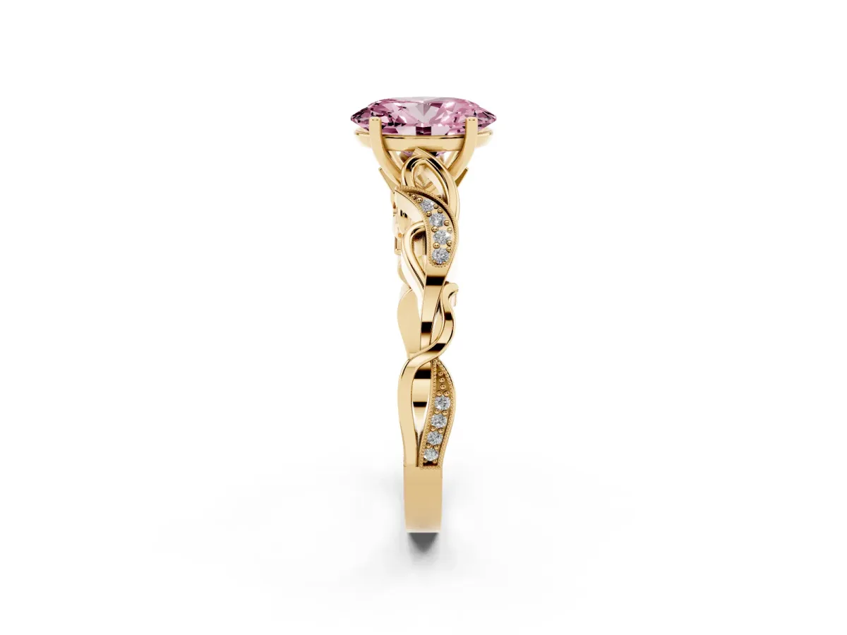 Fancy Pink Oval Cut Solitaire Vine Band with Milgrain Prong Setting Yellow gold