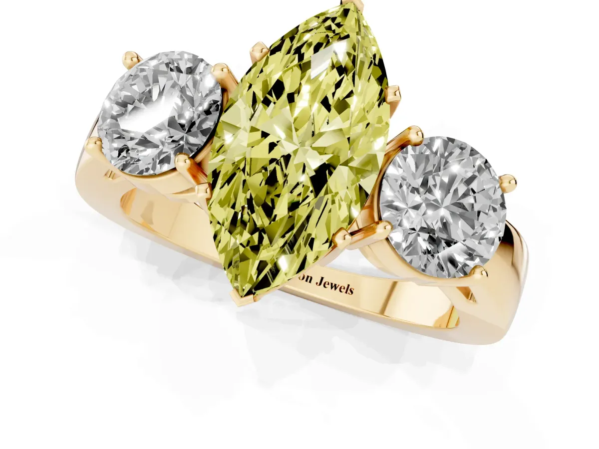 Fancy Yellow Three-Stone Marquise Cut Diamond Ring with Round Side Stones, Classic Band, and Four-Prong Setting Yellow gold