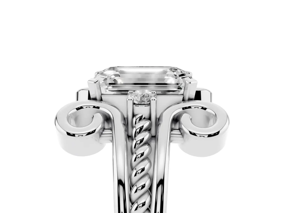 Emerald Cut Solitaire Twisted Band Scroll Prong Ring Silver