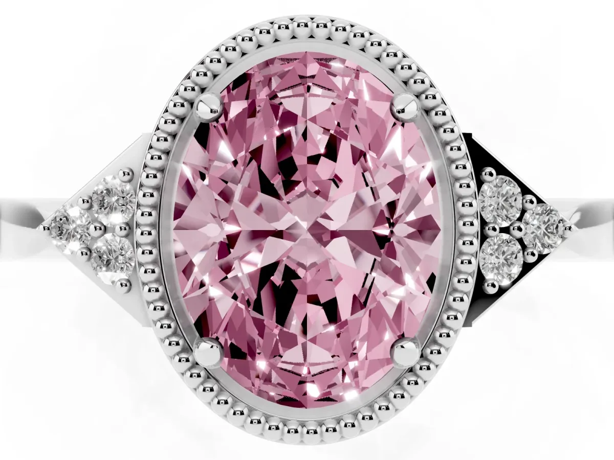 Fancy Pink Hexagonal Halo Oval Cut Diamond Solitaire with Pavé Band and Four-Prong Setting Platinum