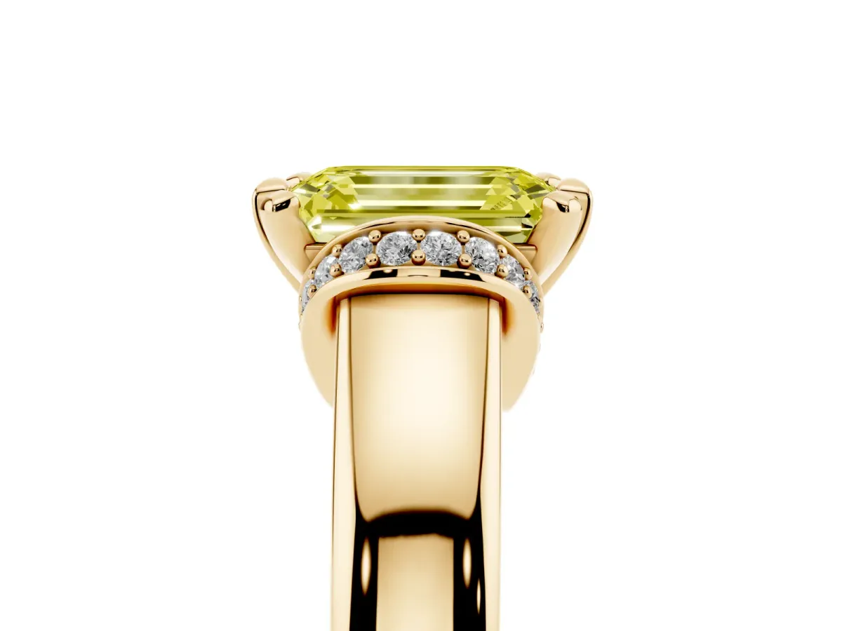 Fancy Yellow Emerald Cut Solitaire Diamond Ring with Pave Band and Six-Prong Setting Yellow gold