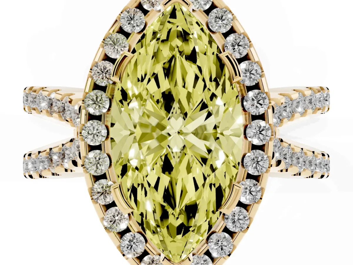 Fancy Yellow Marquise Cut Diamond Halo Ring with Split Shank Pavé Band and Prong Setting Yellow gold