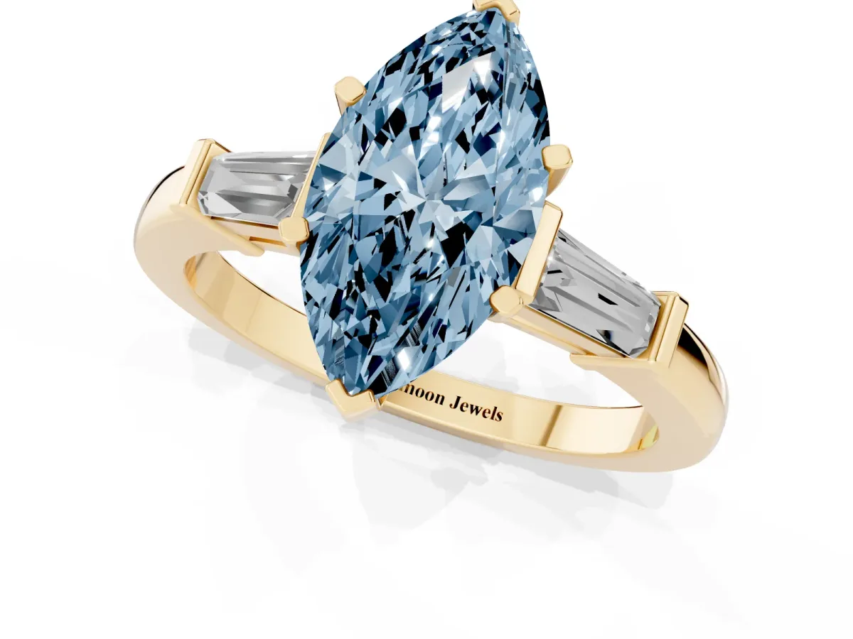 Fancy Blue Marquise Cut Cut Diamond Solitaire Ring with Tapered Baguette Accents and Four-Prong Setting Yellow gold