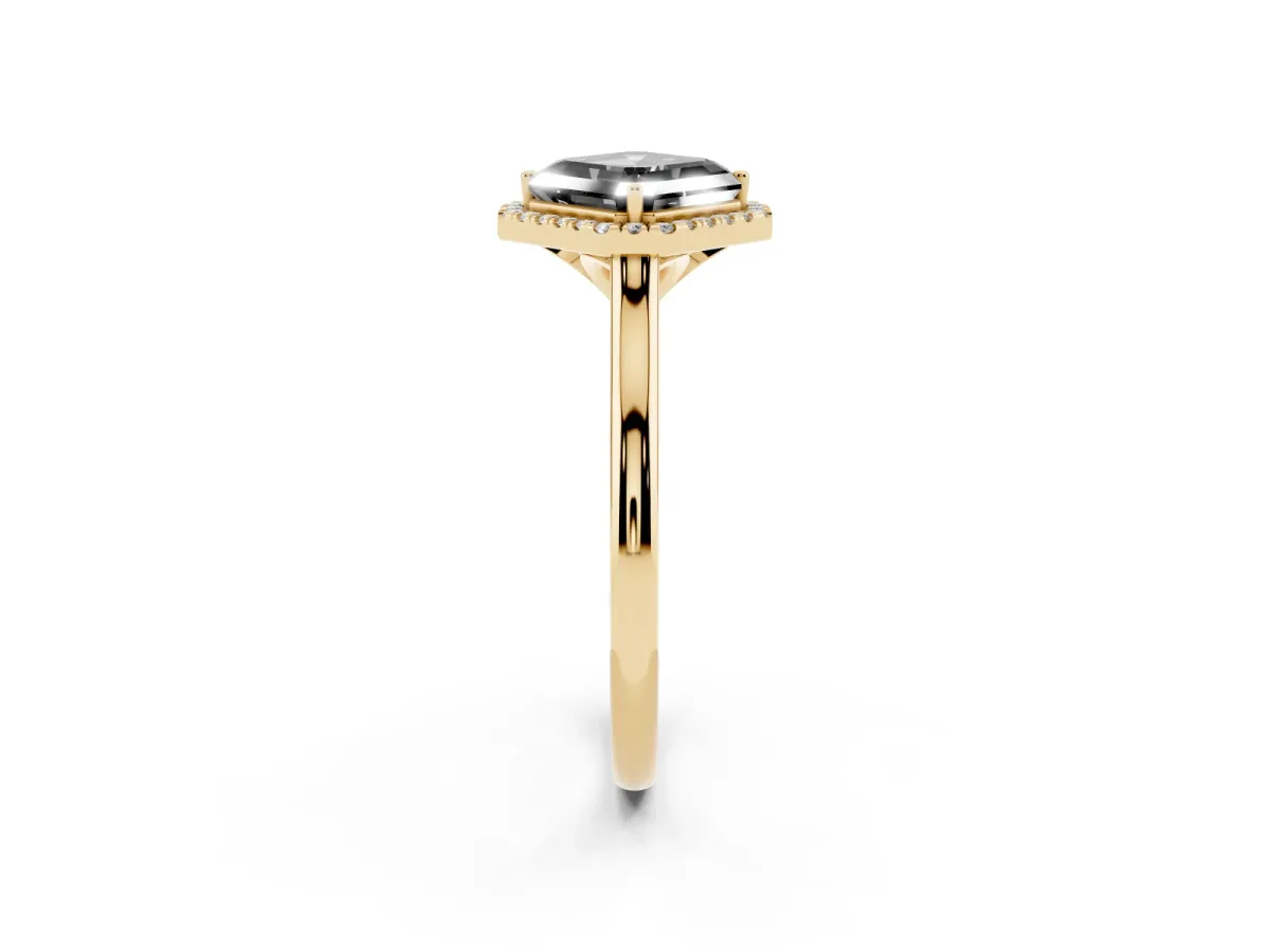 Fancy Black Asscher Cut Halo Round Diamond Solitaire Engagement Ring with Pave Band and Four-Prong Setting Yellow gold