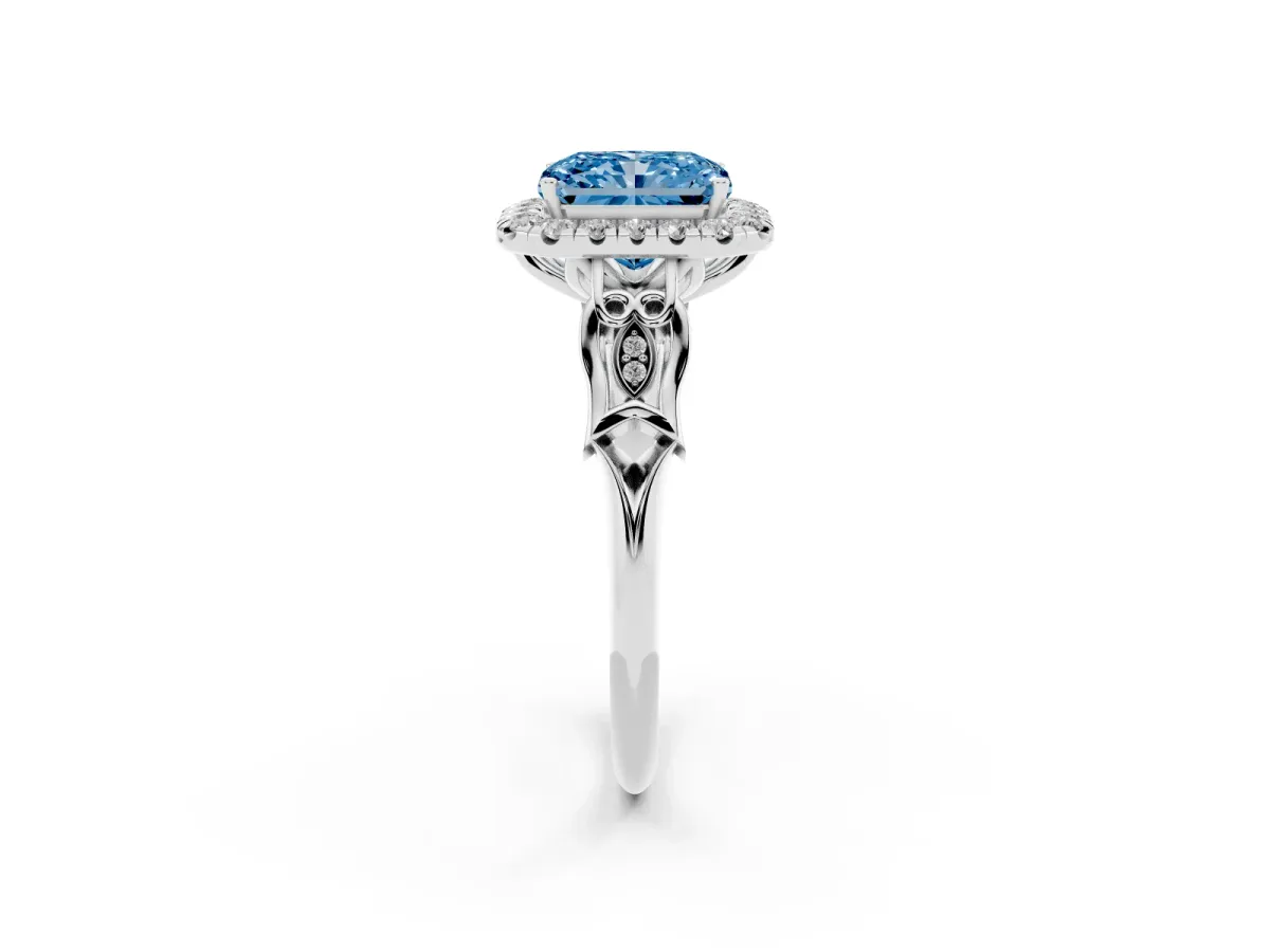 Fancy Blue Radiant Cut Halo Diamond Engagement Ring with Filigree Band and Four-Prong Setting Platinum
