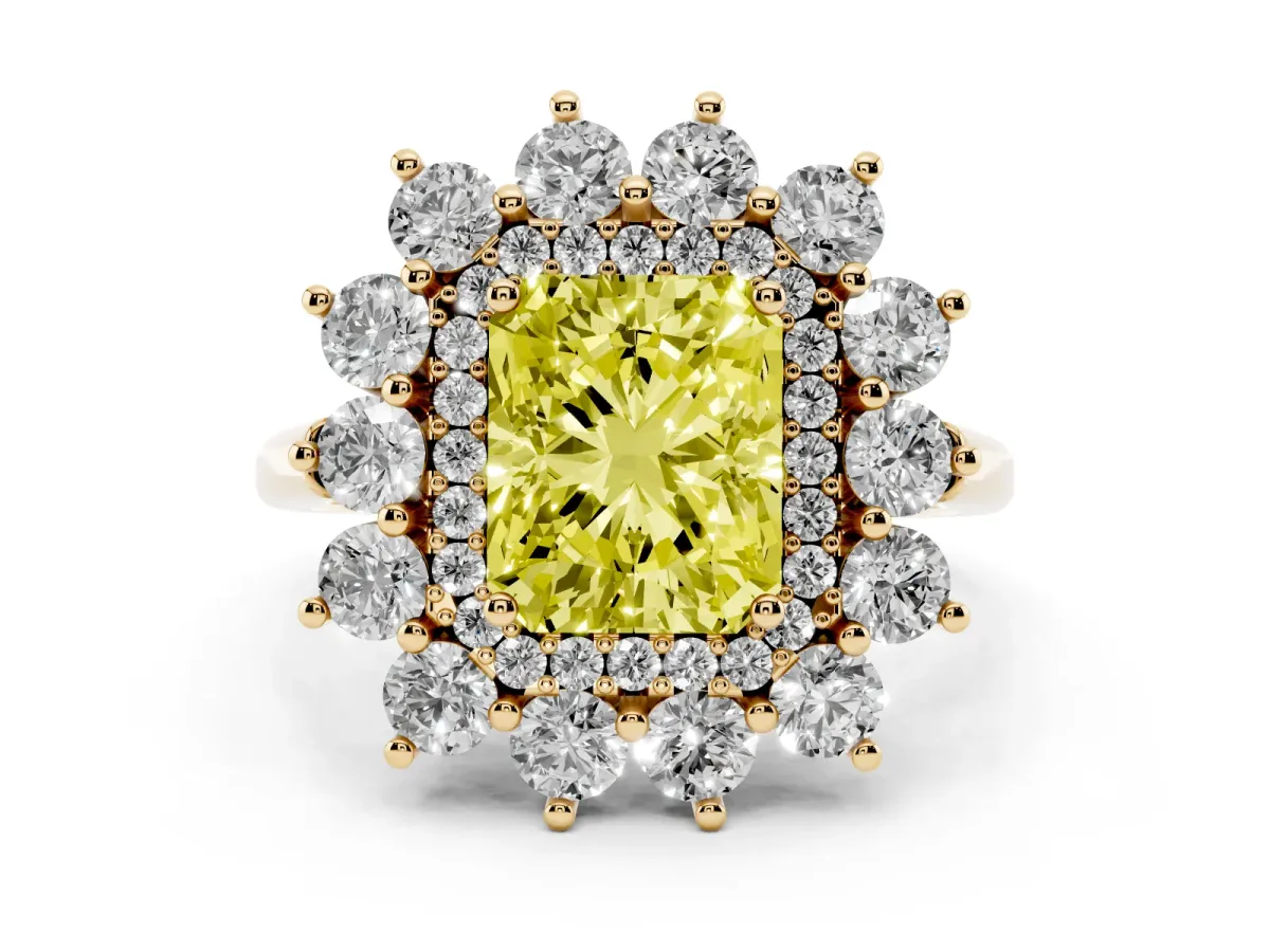 Fancy Yellow Radiant Cut Diamond Floral Double Halo Engagement Ring with Prong Setting Yellow gold