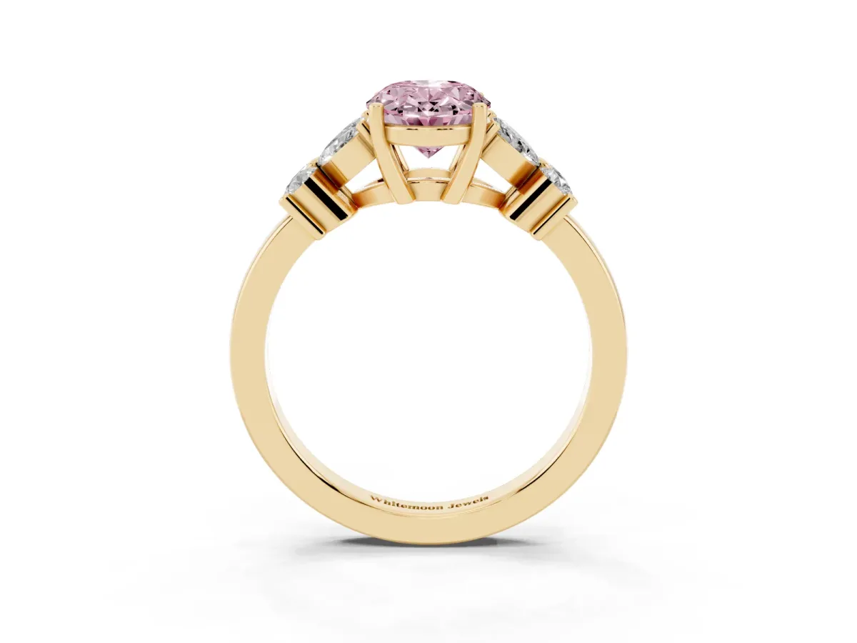 Fancy Pink Oval Cut Diamond Floral Cluster Ring with Solitaire Band and Prong Setting Yellow gold
