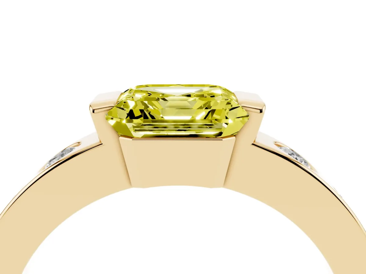 Fancy Yellow Asscher Cut Brilliant Channel-Set Diamond Ring with Bezel Prong Setting Yellow gold