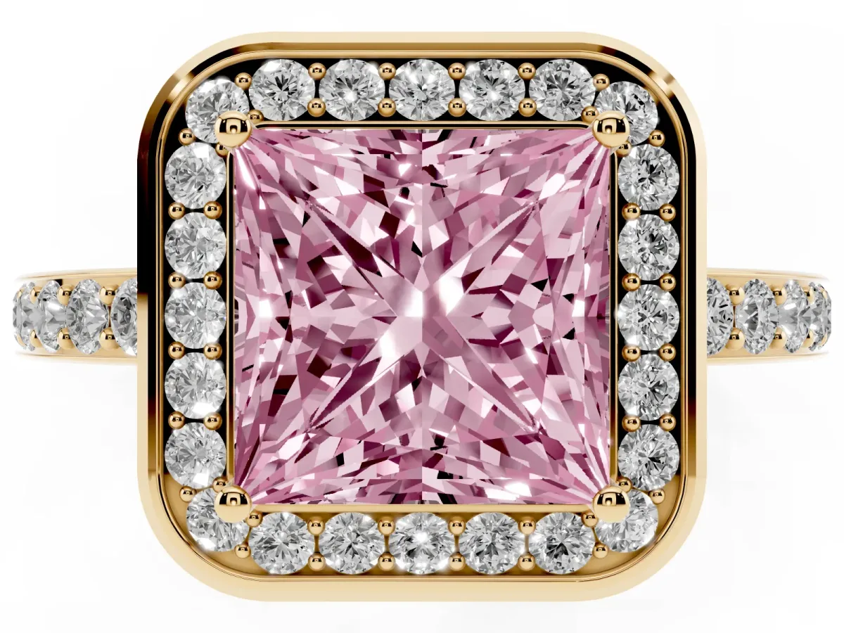 Fancy Pink Princess Cut Diamond Halo Ring with Bezel Frame and Pavé Band Yellow gold