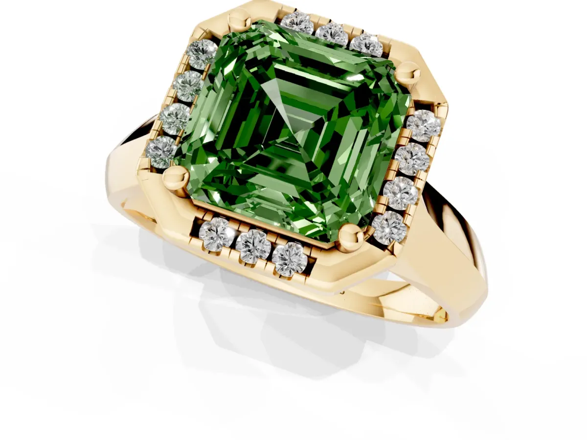 Fancy Green Asscher Cut Cut Halo Solitaire Engagement Ring with Square Band and Four-Prong Setting Yellow gold