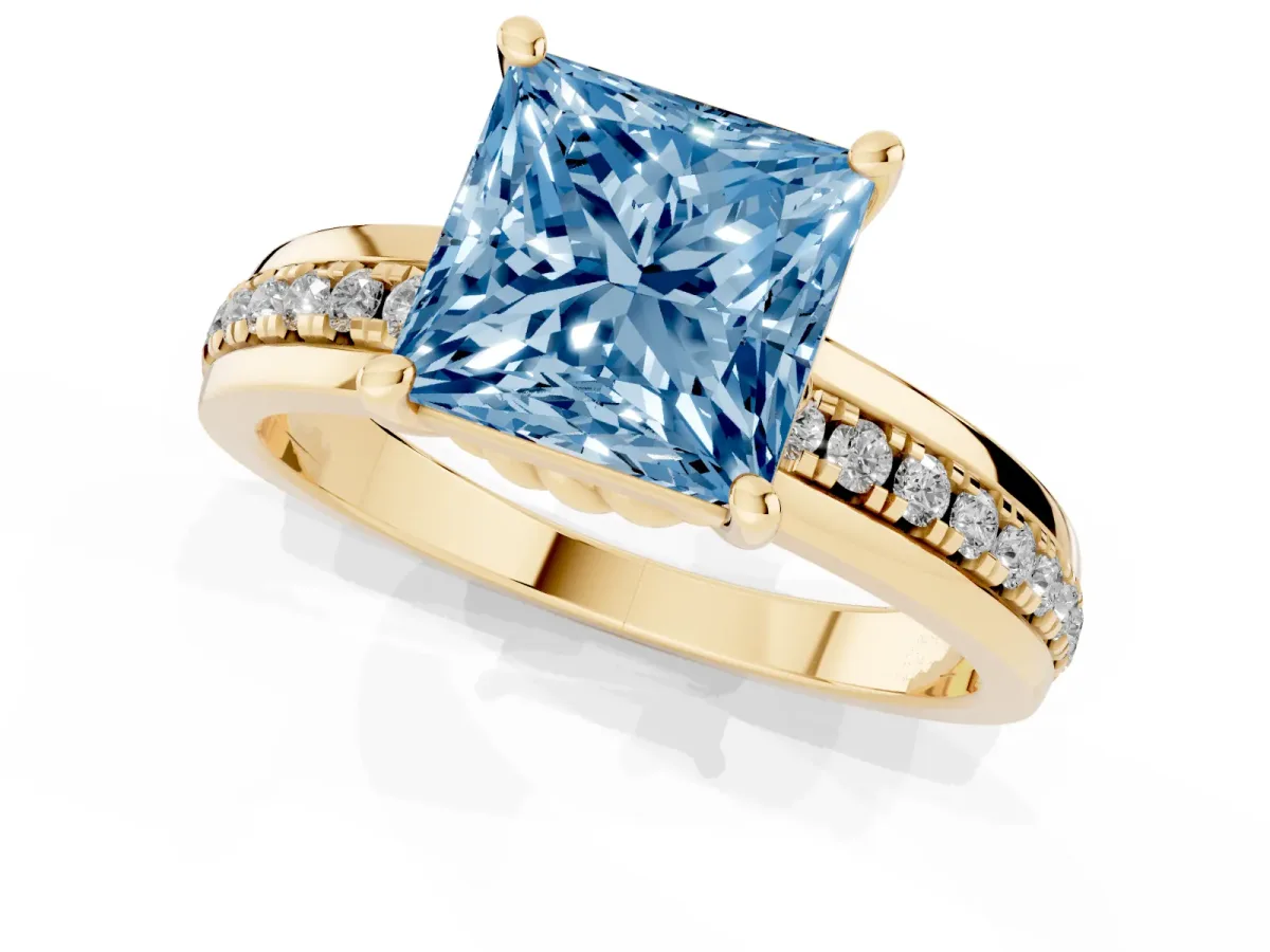 Fancy Blue Princess Cut Solitaire Diamond Ring with Channel Set Band and Six-Prong Setting Yellow gold