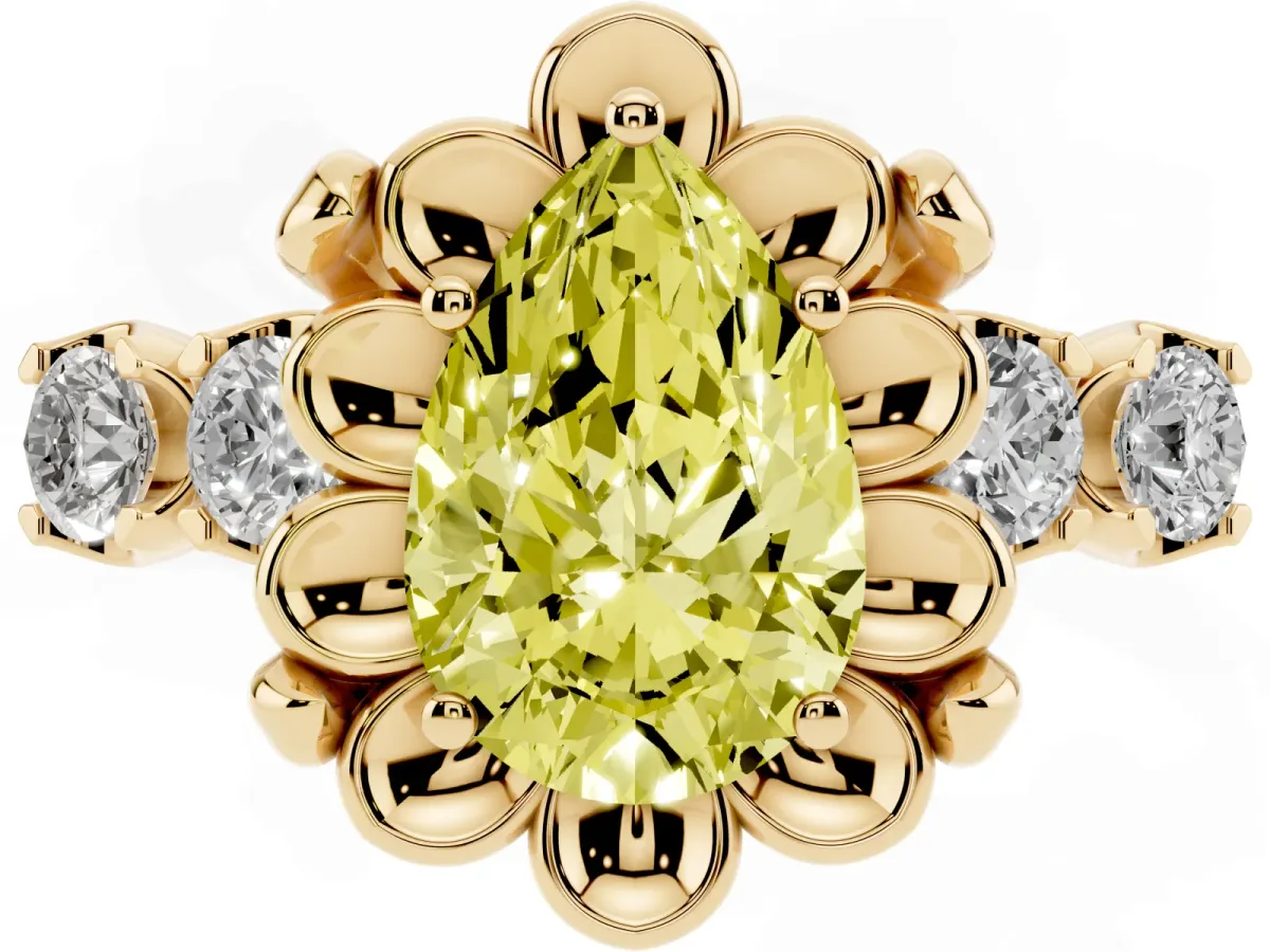 Fancy Yellow Pear Cut Cut Diamond Floral Halo Engagement Ring with Shared Prong Setting Yellow gold