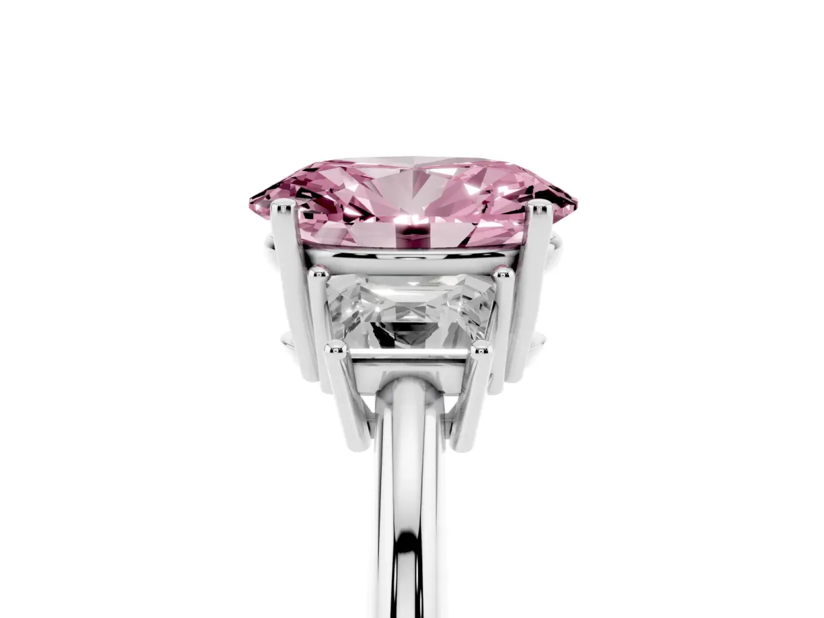 Fancy Pink Oval Cut Diamond Three-Stone Ring with Trapezoid Side Stones and Prong Setting Silver