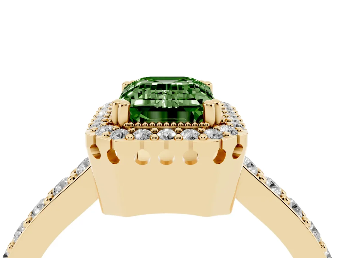 Fancy Green Emerald Cut Cut Diamond Halo Engagement Ring with Milgrain Detail and Pavé Band Yellow gold