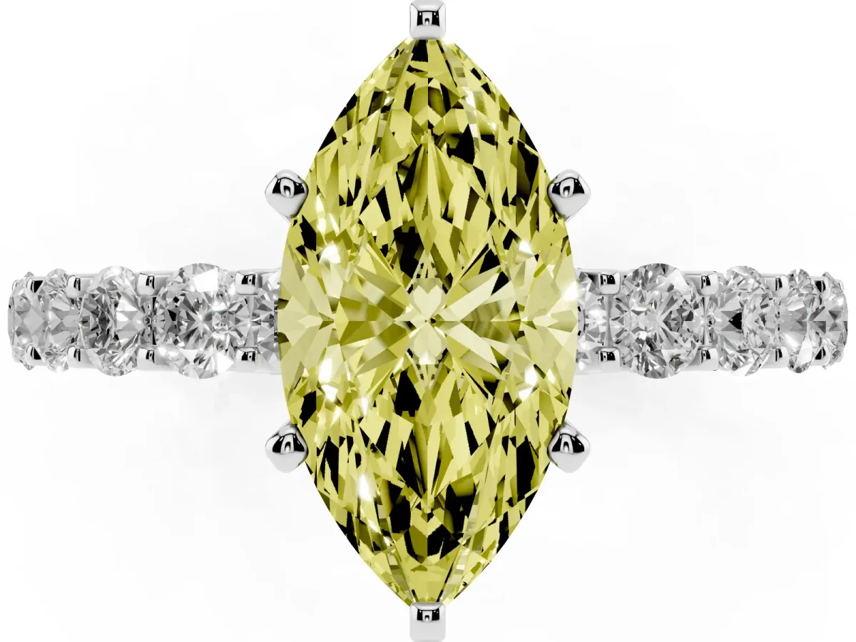 Fancy Yellow Marquise Cut Diamond Solitaire Ring with Shared Prong Pavé Band and Four-Prong Setting Silver