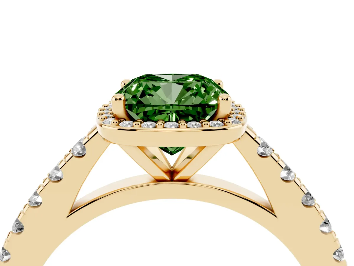 Fancy Green Cushion Cut Cut Halo Diamond Engagement Ring with Pave Band and Four-Prong Setting Yellow gold