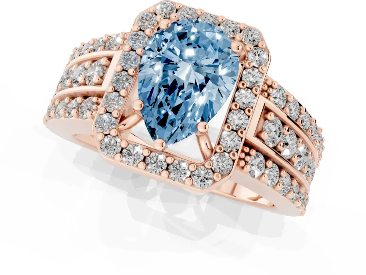Fancy Blue Pear Cut Halo Diamond Ring with Round Split Shank and Prong Setting Rose gold
