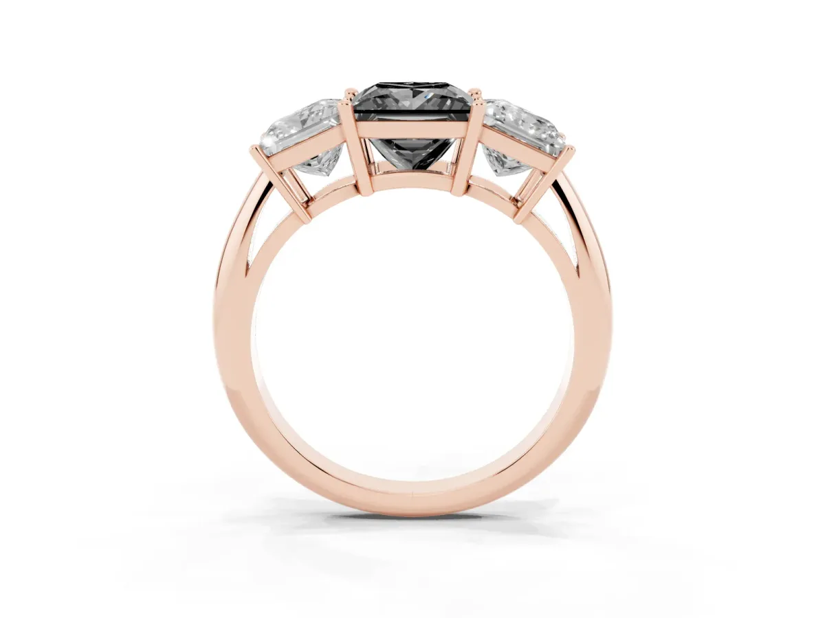 Fancy Black Three-Stone Princess Cut Cut Diamond Engagement Ring with Prong Setting on a White Gold Band Rose gold