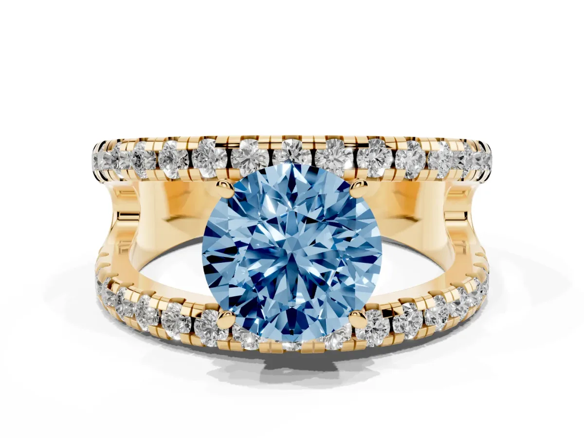 Fancy Blue Round Cut Solitaire Split Shank Pave Diamond Ring Yellow gold