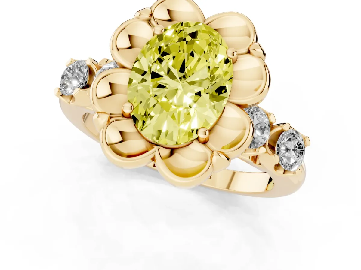 Fancy Yellow Oval Cut Cut Diamond Floral Halo Engagement Ring with Shared Prong Setting Yellow gold