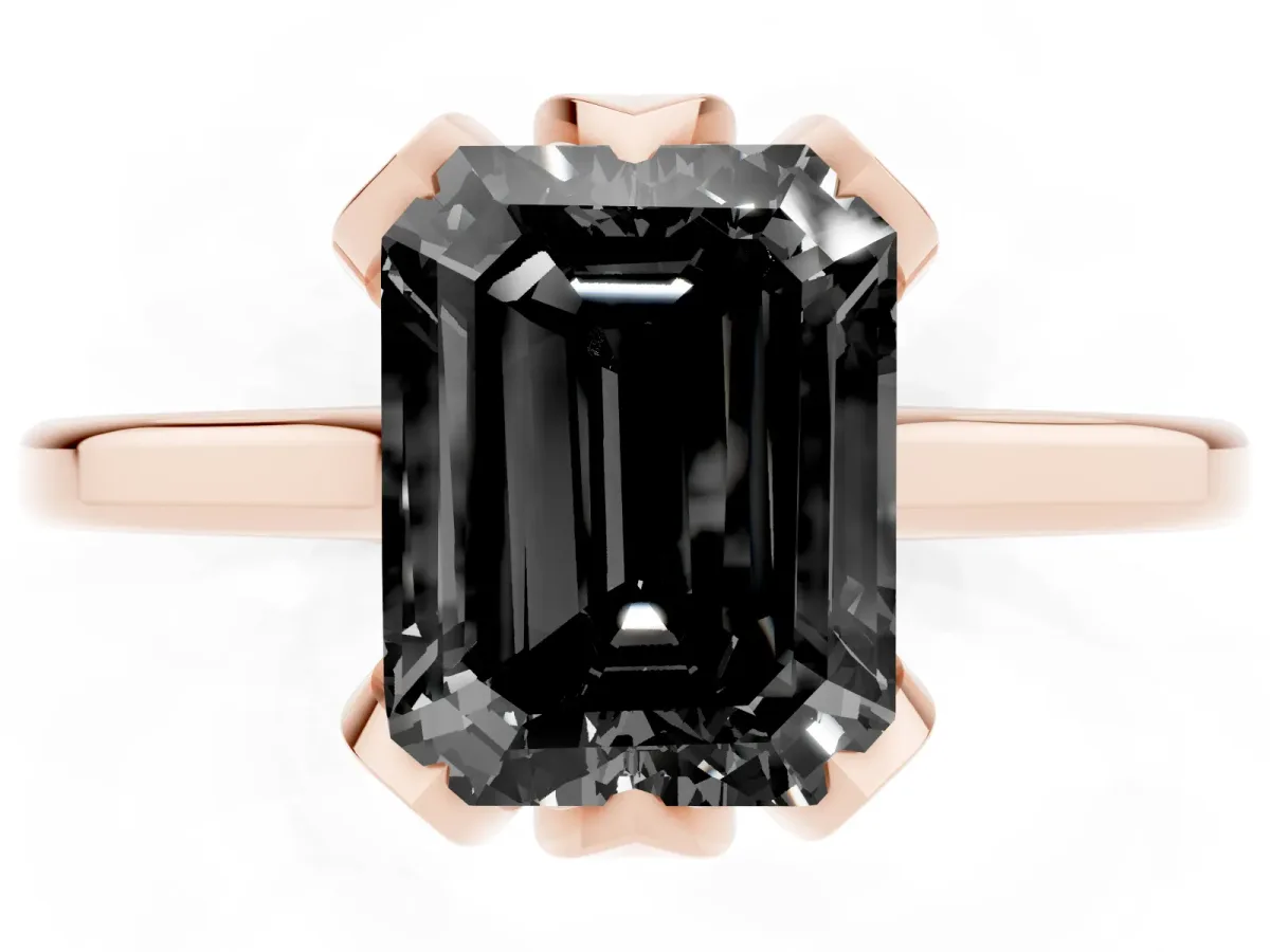 Fancy Black Emerald Cut Diamond Solitaire Ring with Flower Prong Setting and Classic Band Rose gold
