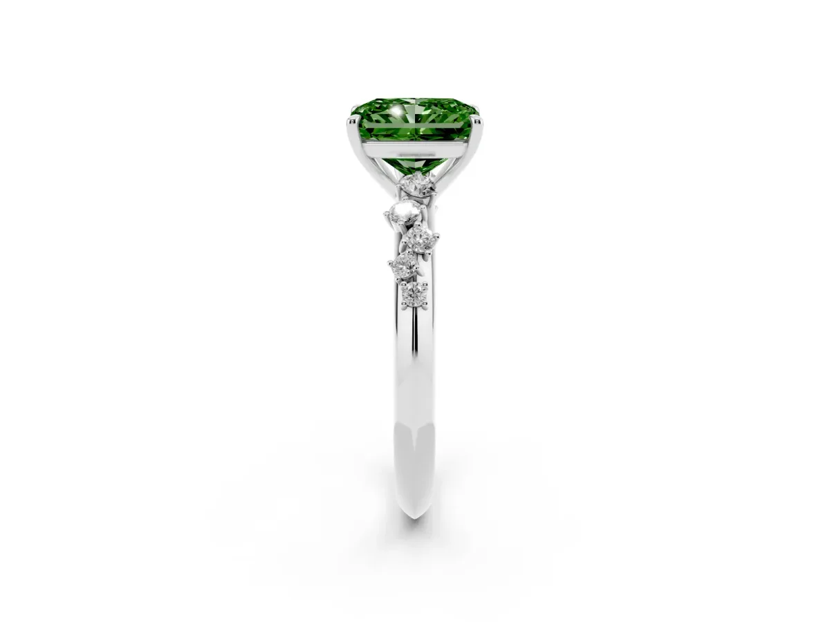 Fancy Green Radiant Cut Diamond Cluster Side Stone Solitaire Ring with Prong Setting Platinum