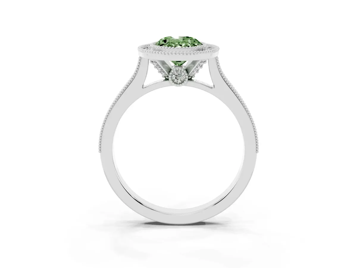 Fancy Green Halo Oval Cut-Cut Diamond Pave Band Milgrain Prong Setting Ring Silver