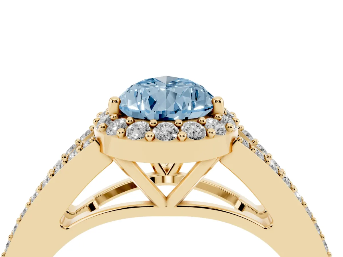 Fancy Blue Pear Cut Halo Split Shank Diamond Ring with Prong Setting Yellow gold