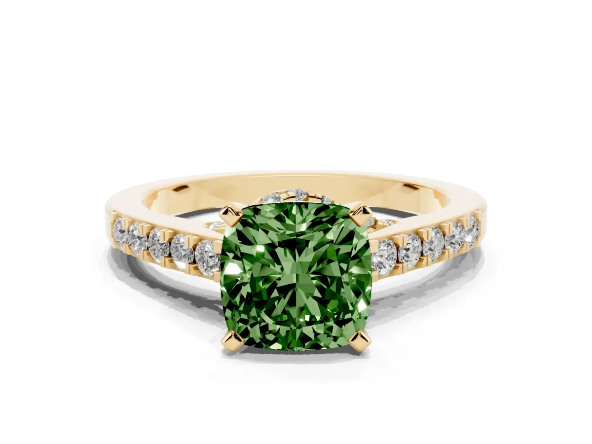 Fancy Green Cushion Cut Diamond Solitaire Ring with Crossover Gallery and Round Pavé Band Yellow gold