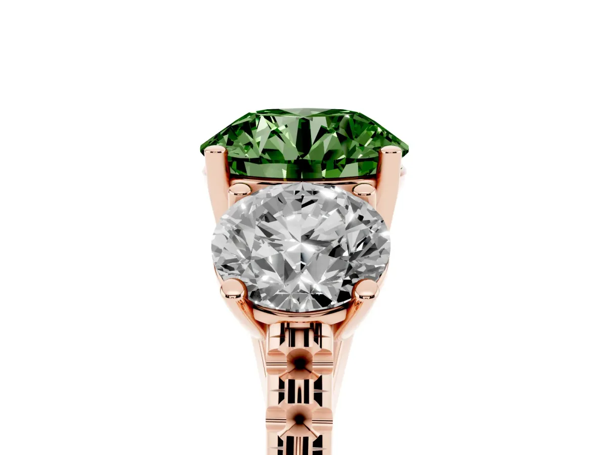 Fancy Green Three-Stone Round Cut Diamond Ring with Round Pavé Band and Prong Setting Rose gold