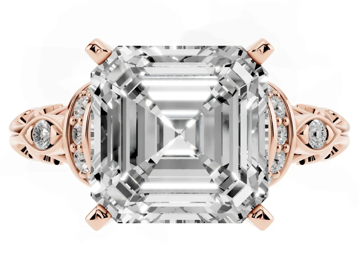 Asscher Cut Diamond Solitaire Ring with Filigree Band and Four-Prong Setting Rose gold