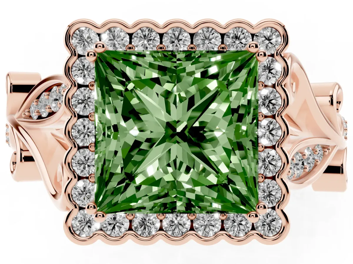 Fancy Green Princess Cut Diamond Halo Ring with Vintage Split Shank and Four-Prong Setting Rose gold