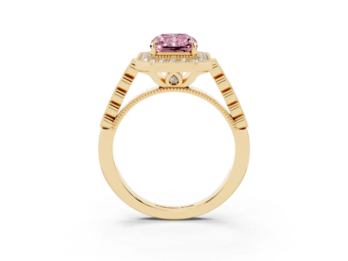 Fancy Pink Radiant Cut Halo Milgrain Solitaire with Bezel Set Side Stones and Pave Band Yellow gold