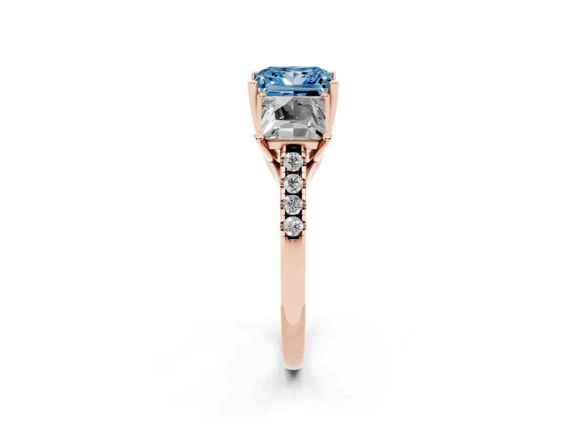 Fancy Blue Three-Stone Princess Cut Diamond Ring with Round Pavé Band and Prong Setting Rose gold