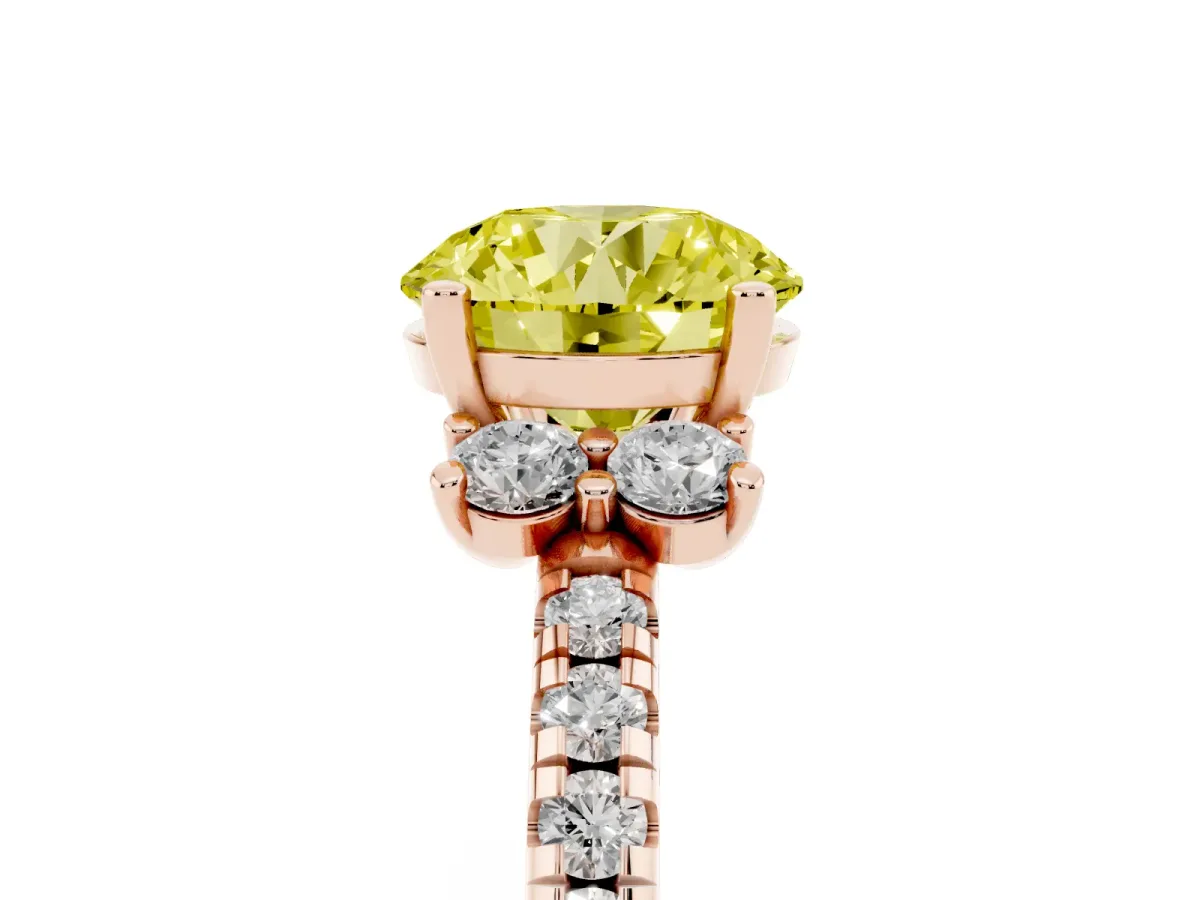 Fancy Yellow Round Cut Diamond Three-Stone Pave Band with Four-Prong Setting Rose gold