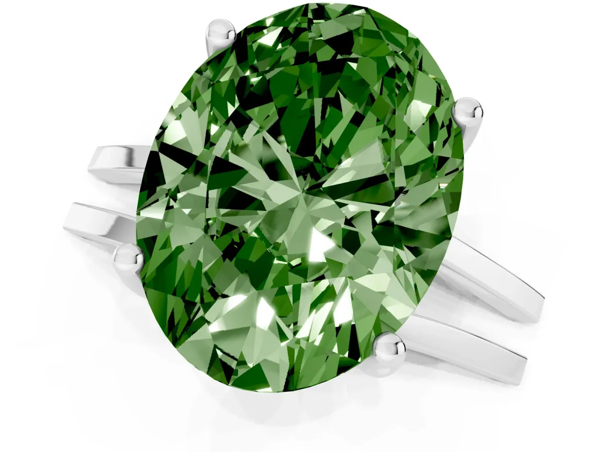 Fancy Green Oval Cut Cut Diamond Solitaire Engagement Ring with Tapered Plain Band and Four-Prong Setting Silver