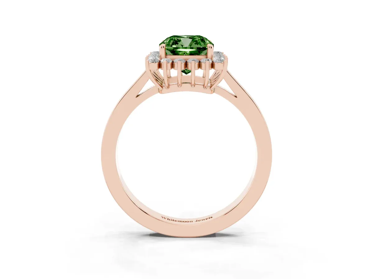 Fancy Green Cushion Cut Cut Diamond Halo Ring with Round Brilliant Halo and Solitaire Band Rose gold